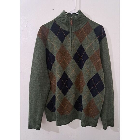 J Crew Mens Mens Xl PREMIUM LAMBSWOOL ARGYLE Sweater Army green ELBOW PATCH - Picture 6 of 8